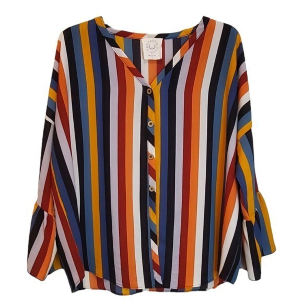 Fantastic Fawn Women's Striped‎ Button Up Blouse Sz Med Oversized Multicolor Top